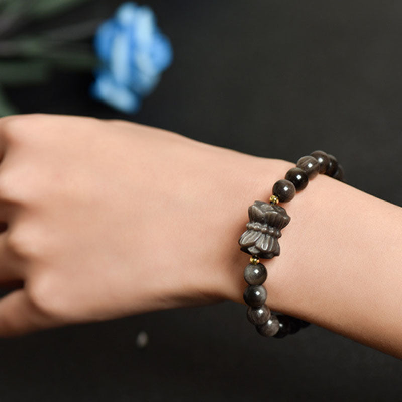 Spirituality Buddha Karma Silver Sheen Obsidian Lotus Flower Nine Tailed Fox Laughing Buddha Protection Bracelet