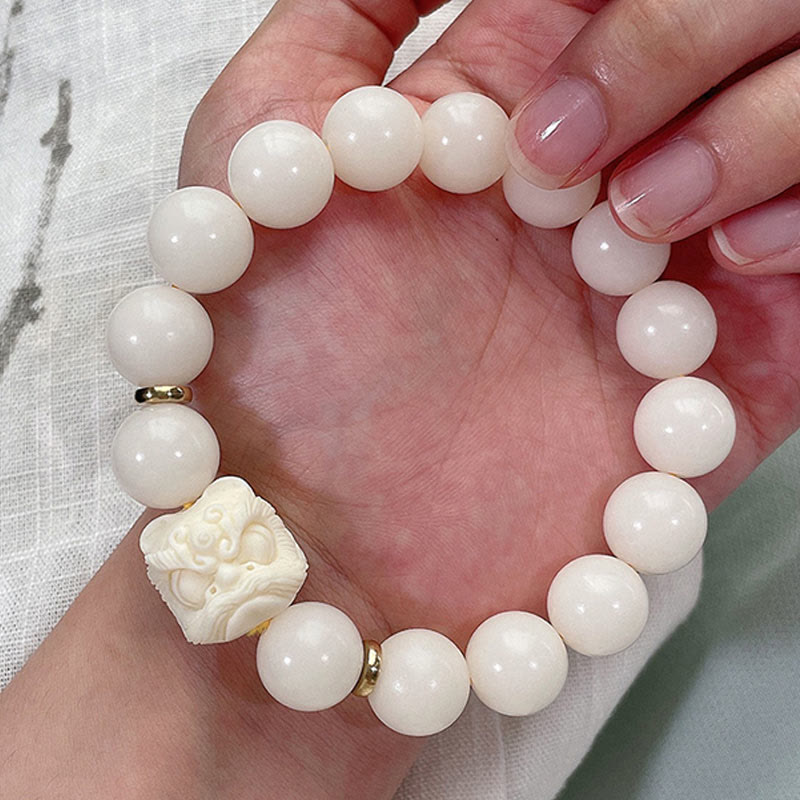 Spirituality Buddha Karma Silver Sheen Obsidian Bodhi Seed Ivory Fruit Dancing Lion Protection Bracelet