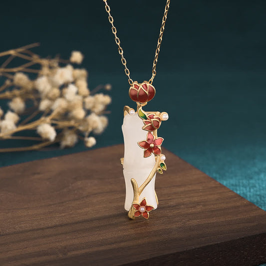 Jade White Jade Bamboo Lotus Flowers Luck Protection Necklace Pendant