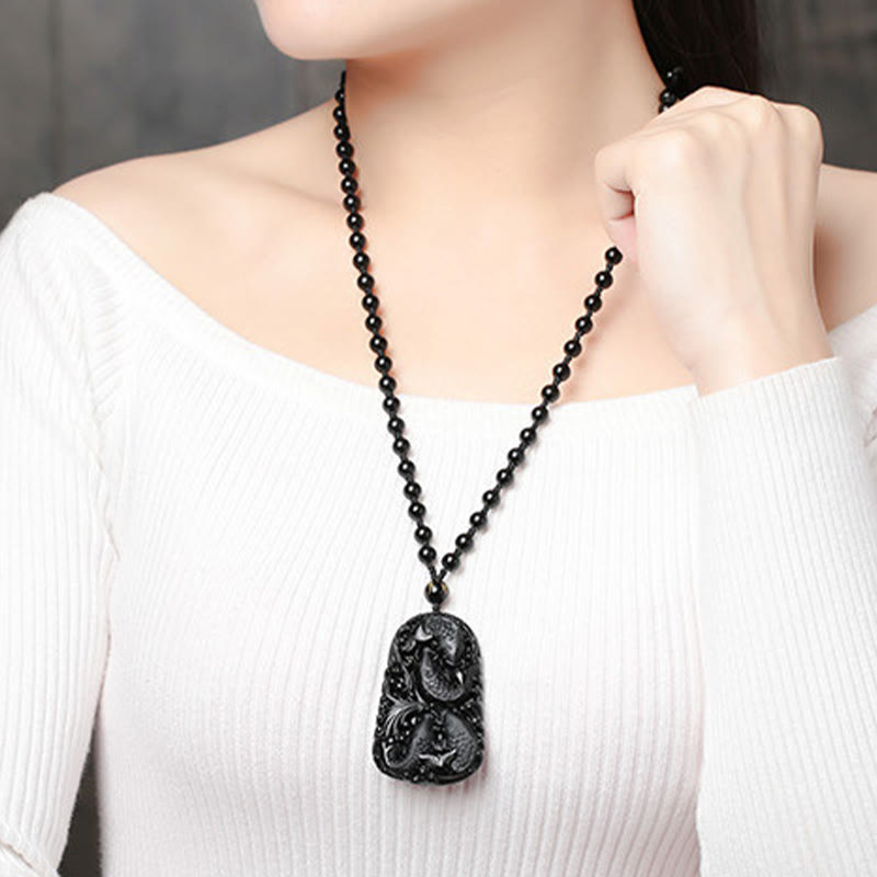 Spirituality Buddha Karma Black Obsidian Koi Fish Engraved Strength Beaded Necklace Pendant
