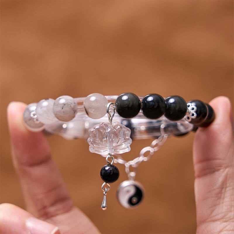 Spirituality Buddha Karma Silver Sheen Obsidian Crackle Clear Quartz Black Rutilated Quartz Yin Yang Lotus Protection Bracelet