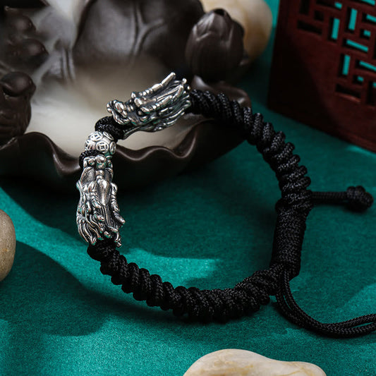 Ancient Tibetan Buddhist Red String Tradition 999 Sterling Silver Double Dragon Luck Handmade Braided Bracelet