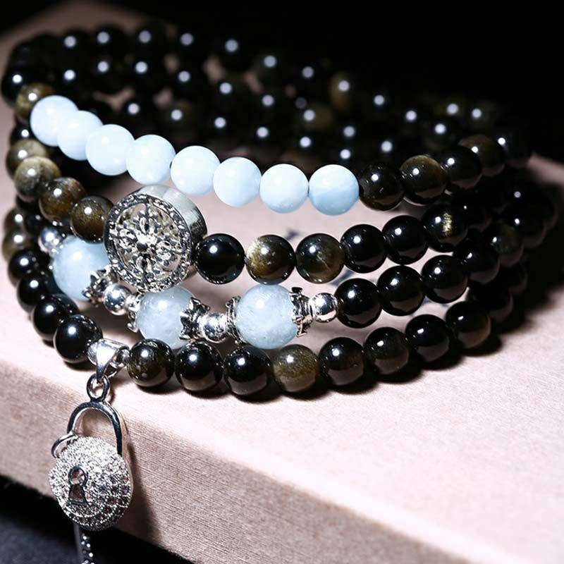Spirituality Buddha Karma Natural Ice Obsidian Tiger Eye Gourd Bracelet Mala