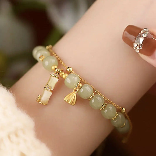 Jade Natural Hetian Jade Prosperity Lotus Bamboo Charm Bracelet