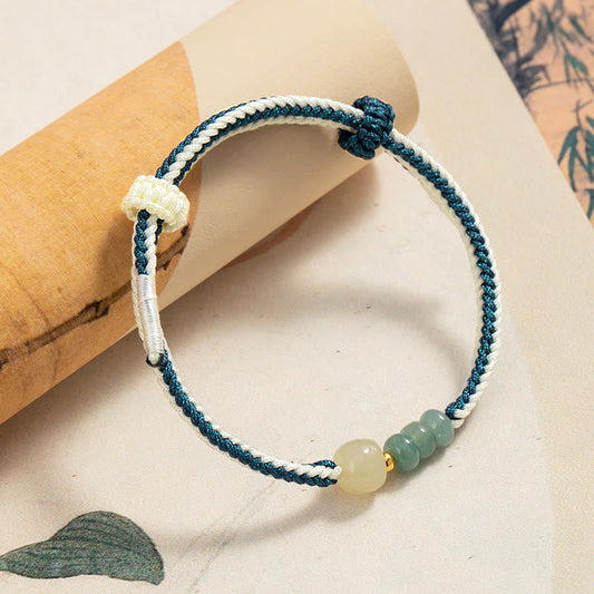 Ancient Tibetan Buddhist Red String Tradition  925 Sterling Silver Hetian Jade Bead Abundance Braided Rope Bracelet