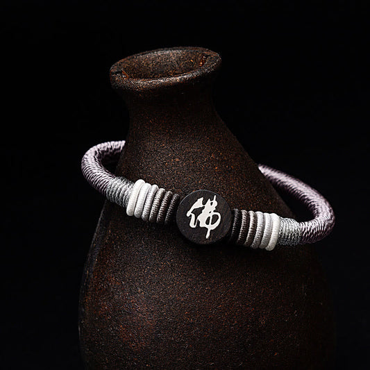Ancient Tibetan Buddhist Red String Tradition Buddha Character Ebony Handcrafted Rope Bracelet