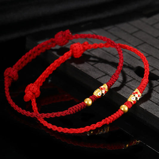 Ancient Tibetan Buddhist Red String Tradition 999 Gold Luck Koi Fish Handcrafted Braided String Bracelet