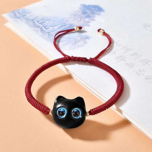 Ancient Tibetan Buddhist Red String Tradition Ebony Wood Cat Head Pattern Peace King Kong Knot Braided Bracelet