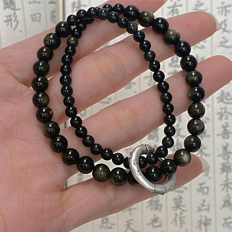 Spirituality Buddha Karma 999 Sterling Silver Black Obsidian Fulfillment Strength Double Layer Bracelet