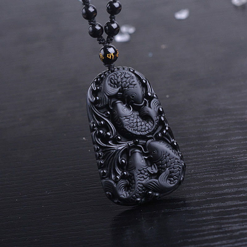 Spirituality Buddha Karma Black Obsidian Koi Fish Engraved Strength Beaded Necklace Pendant