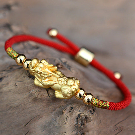 Ancient Tibetan Buddhist Red String Tradition 24K Gold-Plated PiXiu Luck Red String Bracelet