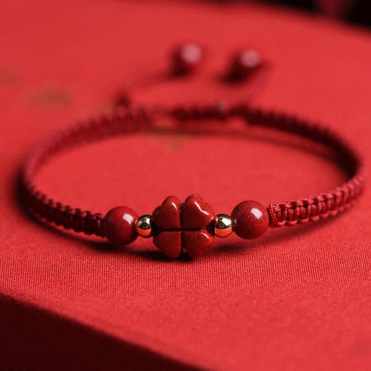 Ancient Tibetan Buddhist Red String Tradition Four Leaf Clover Five-petal Flower Cinnabar Blessing Red String Bracelet