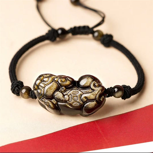Golden Energy Citrine Natural Obsidian Amethyst Wealth Solar Plexus Chakra (Third Chakra) PiXiu Cooper Coin Wealth Bracelet