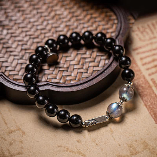 Spirituality Buddha Karma 925 Sterling Silver Obsidian Moonstone Strength Couple Bracelet