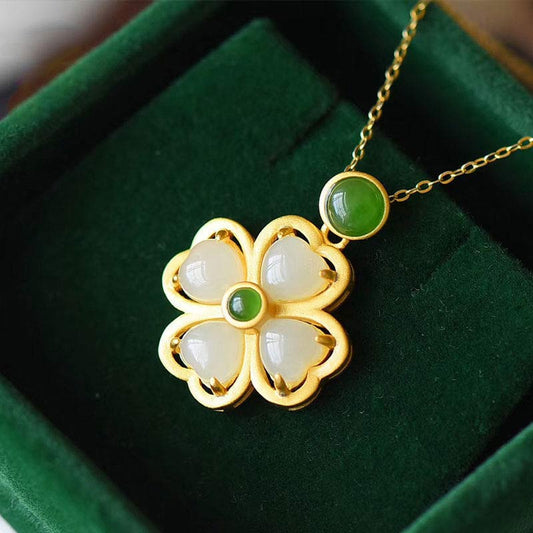 Jade 925 Sterling Silver Lucky Four Leaf Clover Jade Prosperity Necklace Chain Pendant