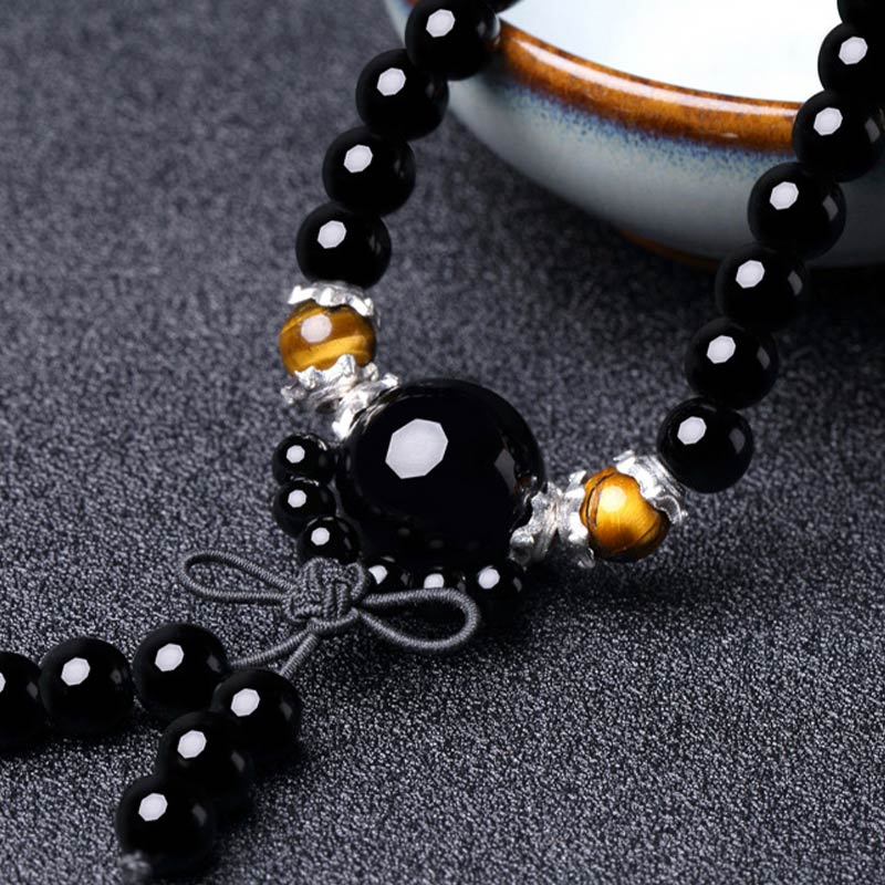 Spirituality Buddha Karma 108 Beads Natural Black Obsidian Tiger Eye Mala Bracelet