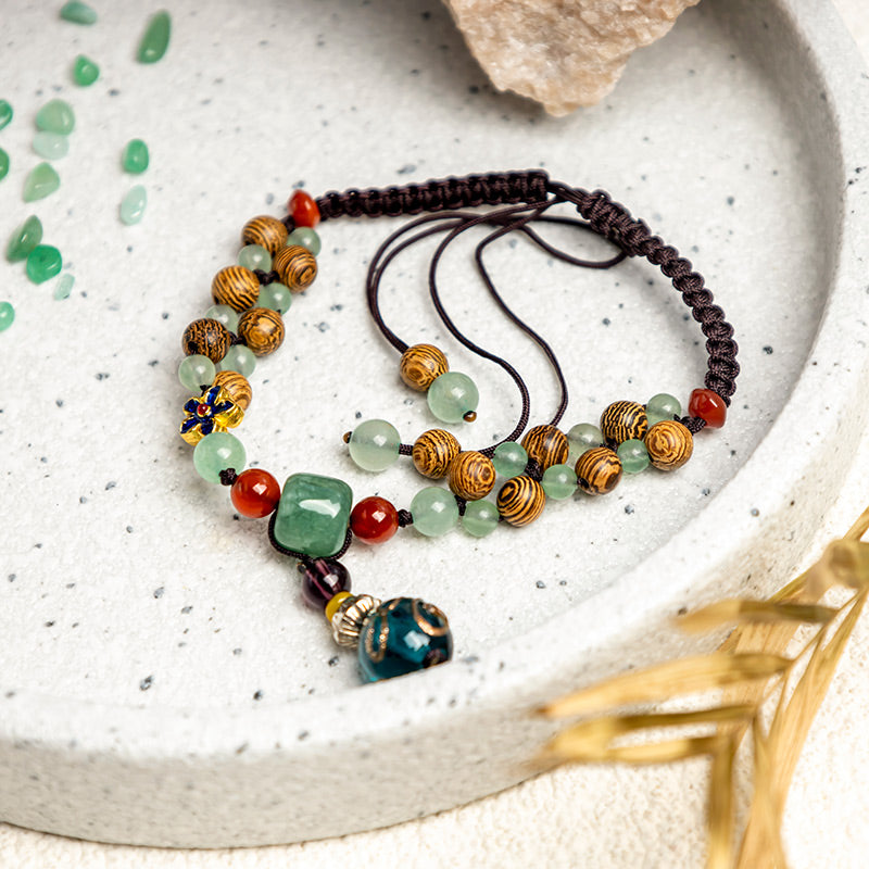 Spirituality Buddha Karma Wenge Wood Green Aventurine Balance Protection Anklet
