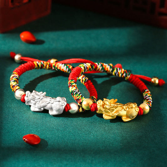 Ancient Tibetan Buddhist Red String Tradition 999 Sterling Silver PiXiu Wealth King Kong Knot String Braided Kids Child Bracelet