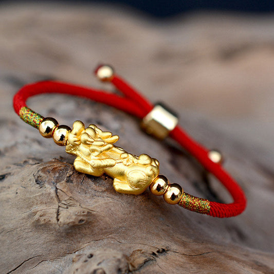Ancient Tibetan Buddhist Red String Tradition 24K Gold-Plated PiXiu Luck Red String Bracelet