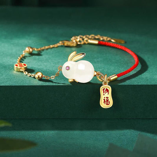 Jade Year of the Rabbit White Jade Happiness Red String Chain Bracelet