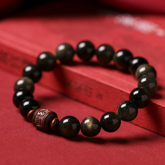 Spirituality Buddha Karma Natural Gold Sheen Obsidian Rainbow Obsidian Om Mani Padme Hum Fu Character Healing Bracelet