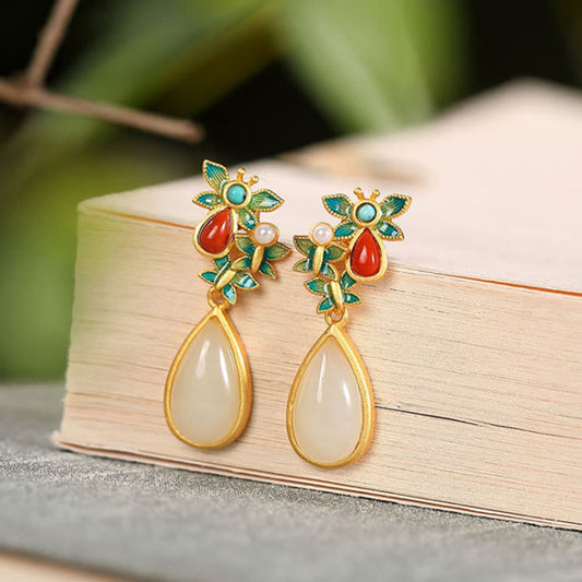 Jade  Water Drop White Jade Red Agate Butterfly Protection Drop Dangle Earrings