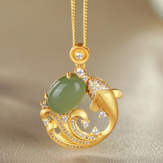 Jade Cyan Jade Koi Fish Healing Calm Necklace Pendant