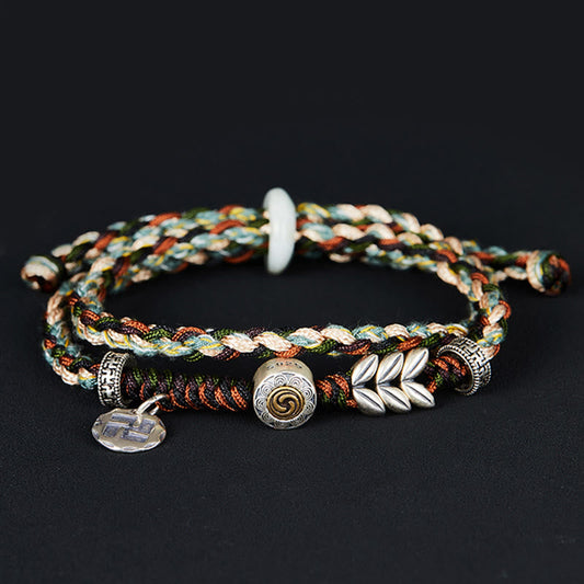 Ancient Tibetan Buddhist Red String Tradition 925 Sterling Silver Swastika Wheat Pattern Handmade Luck Bracelet