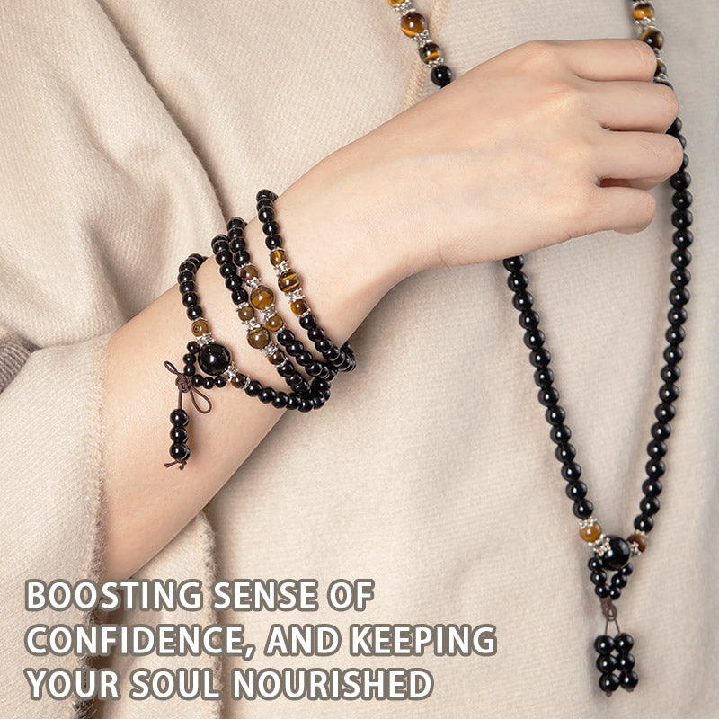 Spirituality Buddha Karma 108 Beads Natural Black Obsidian Tiger Eye Mala Bracelet
