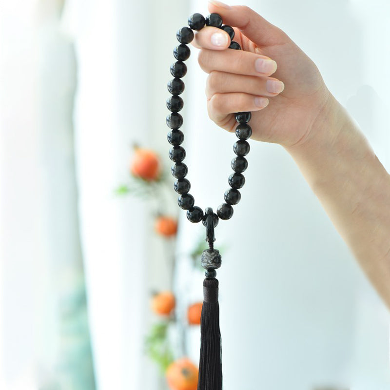 Spirituality Buddha Karma Natural Silver Sheen Obsidian Lion Wrist Mala Protection Tassels Pocket Mala Car Decoration