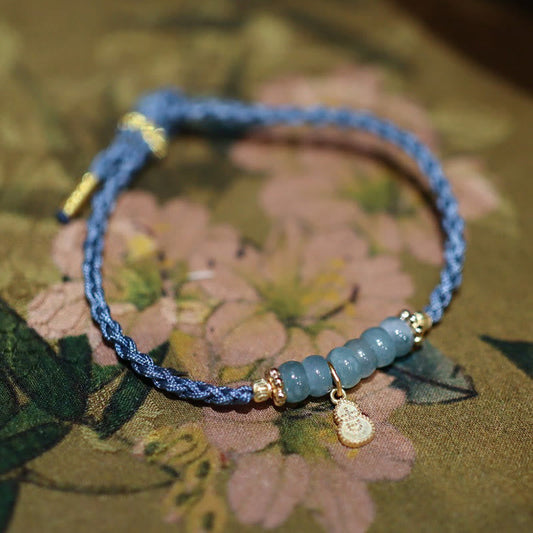 Jade 925 Sterling Silver Natural Jade Gourd Rutilated Quartz Fu Character Luck Braid Bracelet