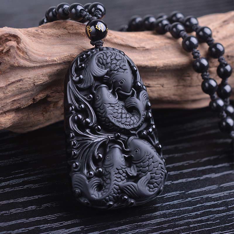 Spirituality Buddha Karma Black Obsidian Koi Fish Engraved Strength Beaded Necklace Pendant
