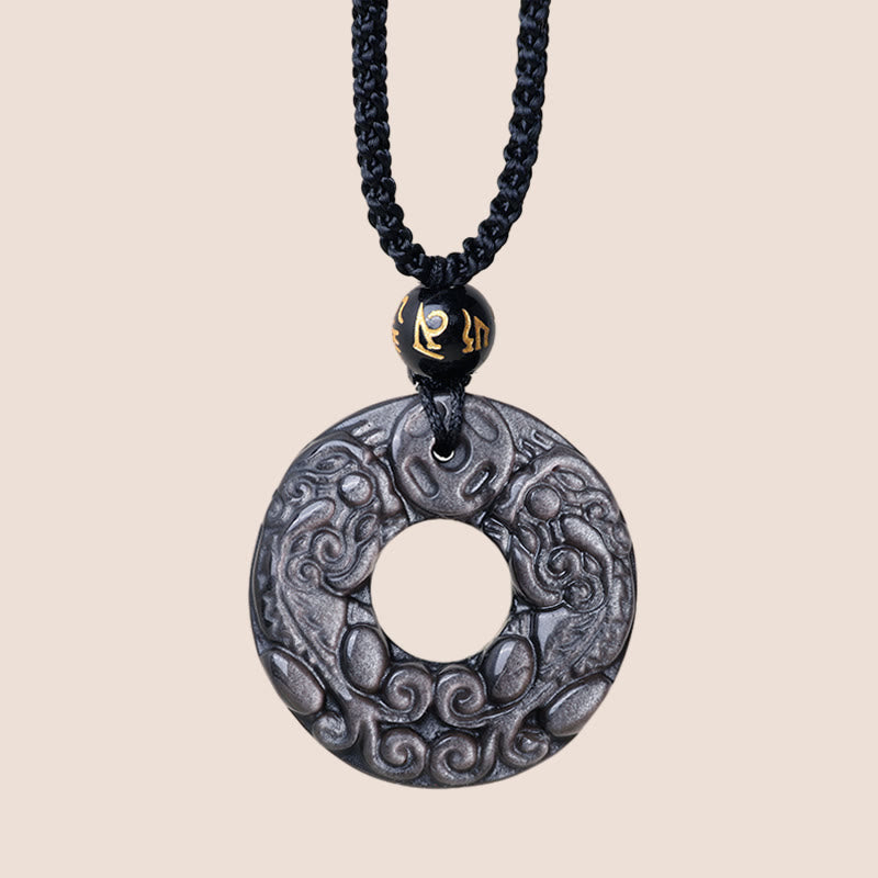 Spirituality Buddha Karma Natural Silver Sheen Obsidian Double PiXiu Copper Coin Peace Buckle Protection Necklace Pendant