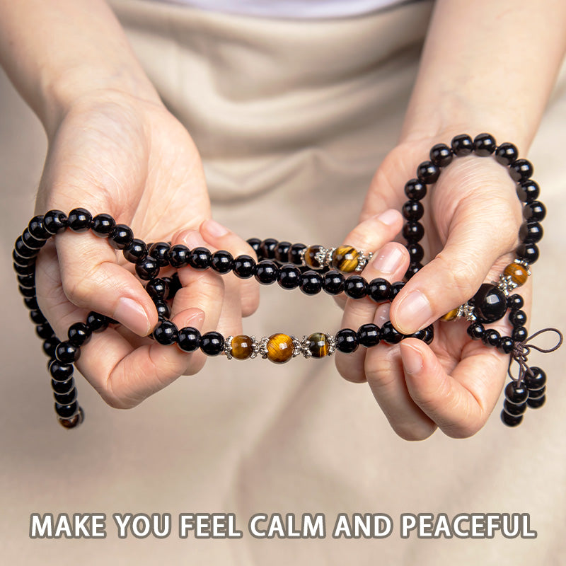 Spirituality Buddha Karma 108 Beads Natural Black Obsidian Tiger Eye Mala Bracelet