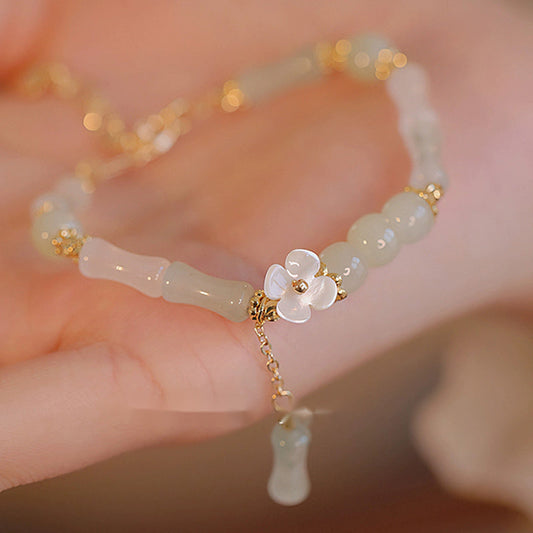 Jade 14K Gold Plated Natural Hetian Jade Flower Bamboo Pattern Luck Chain Bracelet