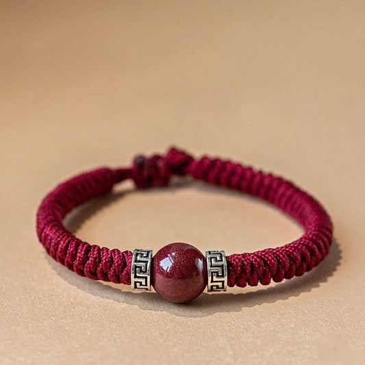 Ancient Tibetan Buddhist Red String Tradition 925 Sterling Silver Natural Cinnabar Bead Calm Handmade Braided String Bracelet