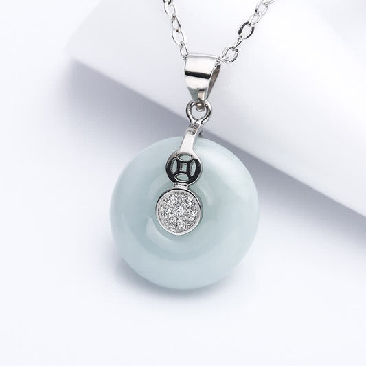 Jade 925 Sterling Silver Peace Buckle Jade Coin Luck Necklace Pendant