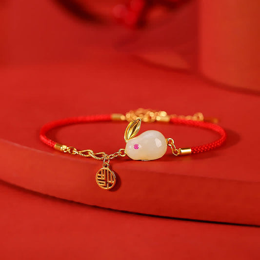 Jade 925 Sterling Silver Year of the Rabbit Hetian White Jade Luck Blessing Red String Bracelet