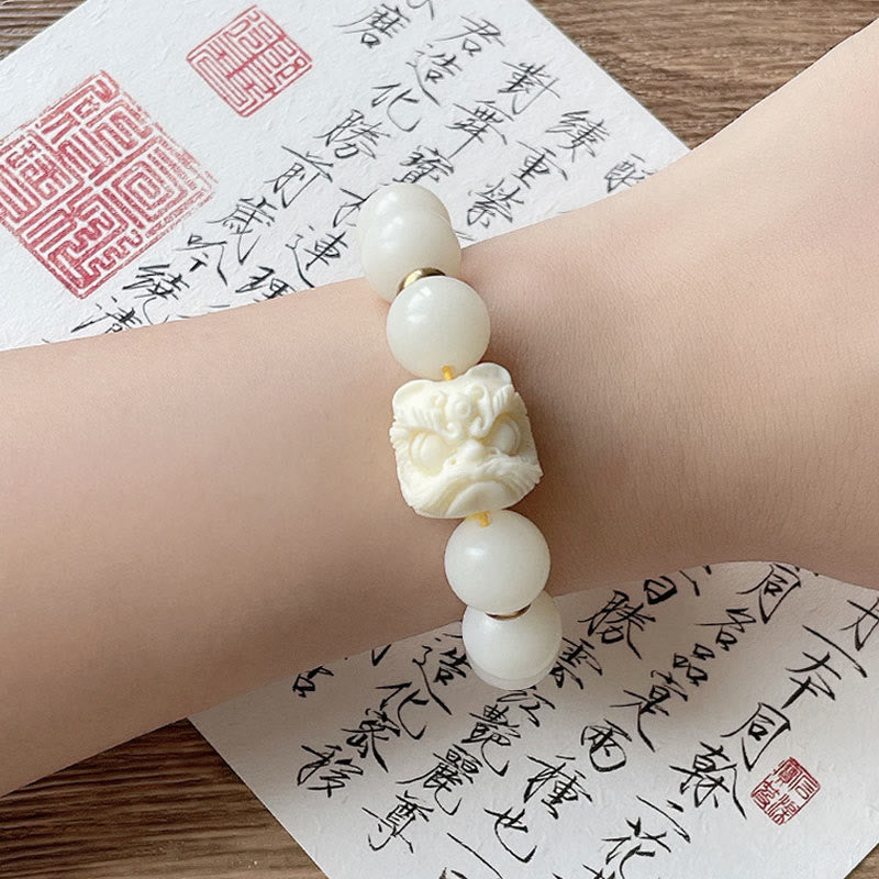 Spirituality Buddha Karma Silver Sheen Obsidian Bodhi Seed Ivory Fruit Dancing Lion Protection Bracelet