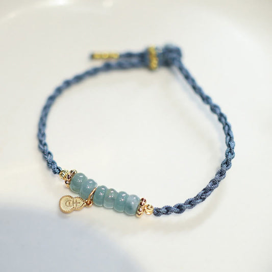 Jade 925 Sterling Silver Natural Jade Gourd Rutilated Quartz Fu Character Luck Braid Bracelet