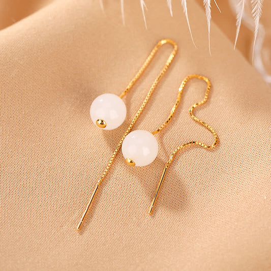 Jade 925 Sterling Silver White Jade Beaded Happiness Drop Earrings