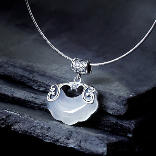 Jade 925 Sterling Silver Natural Chalcedony Lock of Good Wishes Koi Fish Luck Necklace Pendant