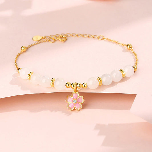Jade 925 Sterling Silver Hetian White Jade Cherry Blossom Protection Bracelet