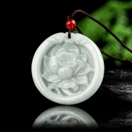 Jade Natural Jade Lotus Flower Carved Prosperity Necklace Pendant