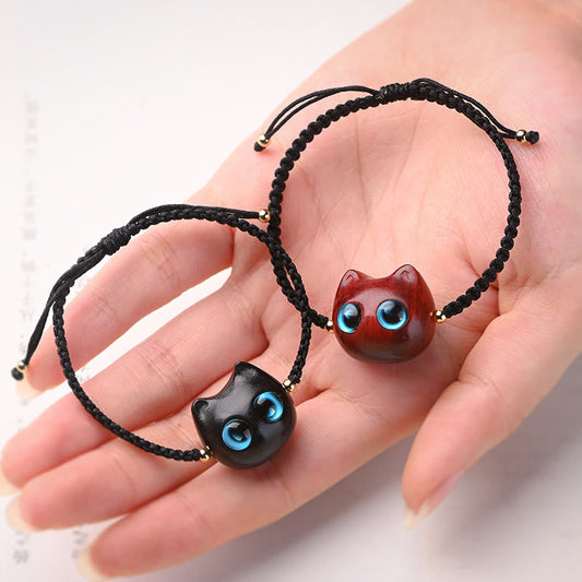 Ancient Tibetan Buddhist Red String Tradition Small Leaf Red Sandalwood Ebony Wood Cute Cat Head Calm Protection Braided Bracelet