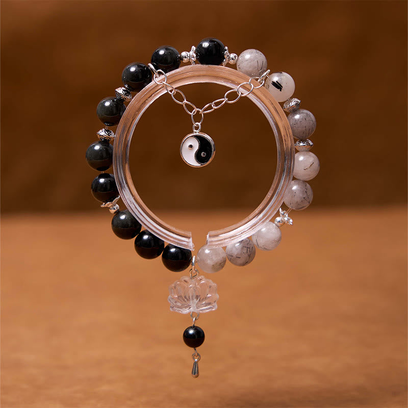Spirituality Buddha Karma Silver Sheen Obsidian Crackle Clear Quartz Black Rutilated Quartz Yin Yang Lotus Protection Bracelet