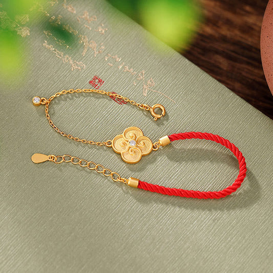 Ancient Tibetan Buddhist Red String Tradition 925 Sterling Silver Plated Gold Four Leaf Clover Zircon Luck Bracelet