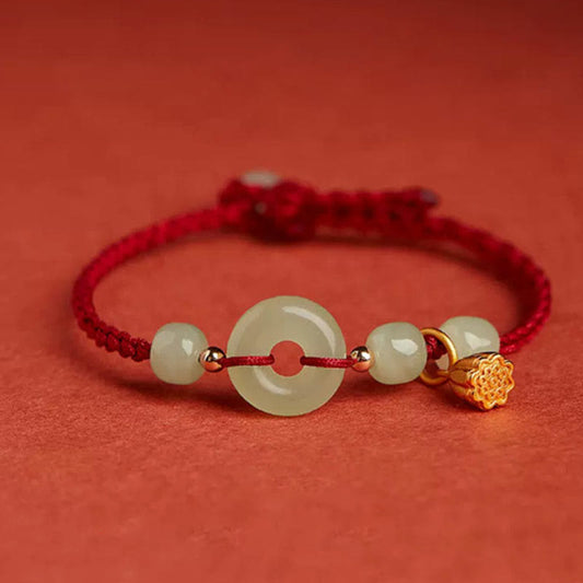 Jade Round Peace Buckle Jade Lotus Happiness Abundance Wealth String Bracelet