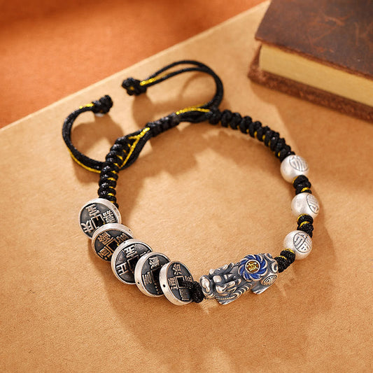 Ancient Tibetan Buddhist Red String Tradition 999 Sterling Silver FengShui PiXiu Copper Coin Fu Character Wealth Braided Bracelet