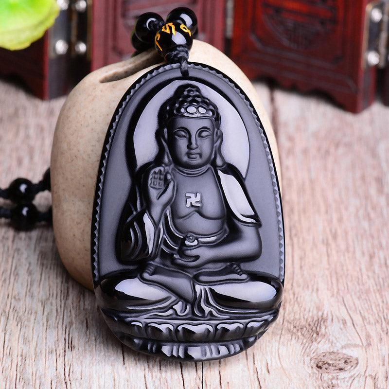 Spirituality Buddha Karma Chinese Zodiac Obsidian Buddha Amulet Protection Pendant Necklace